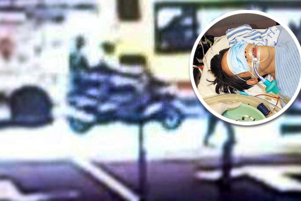 The police released a CCTV image shows two suspects on a motorcycle, while Lau (inset) was in a "critical condition" in Pamela Youde Nethersole Eastern Hospital. Photos: SCMP Pictures