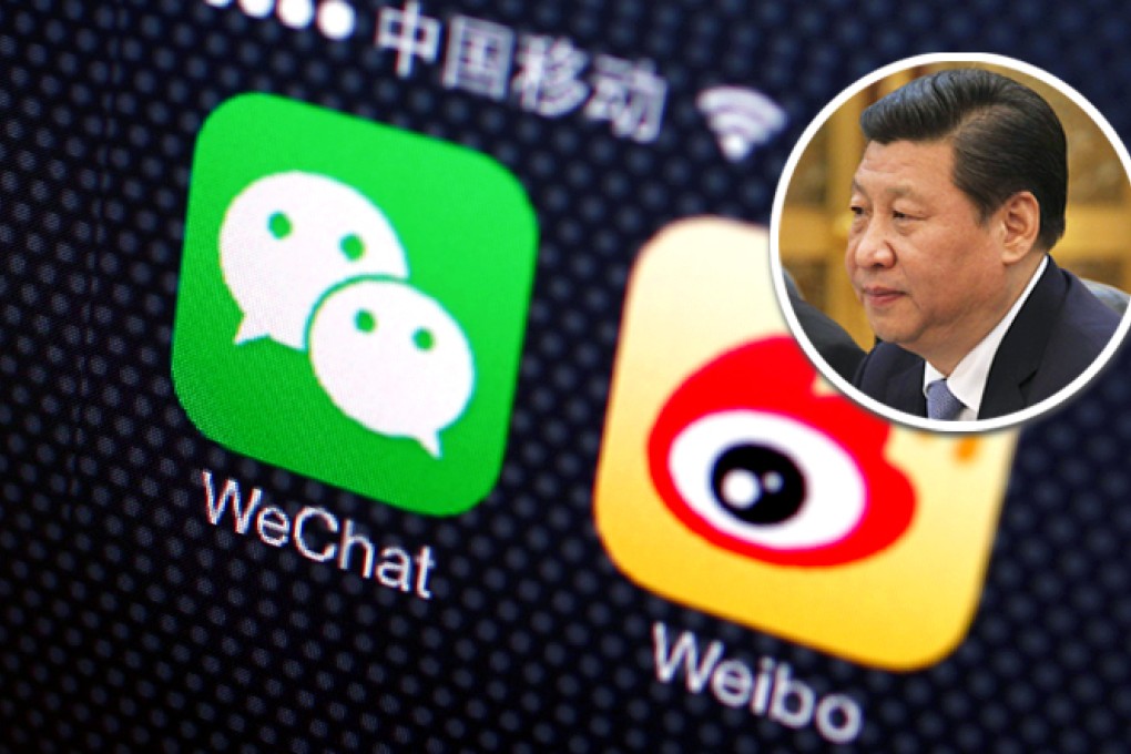 A close-up of the icons of mobile apps WeChat and Weibo. Chinese President Xi Jinping (inset) is in charge of a new web security panel. Photos: Reuters