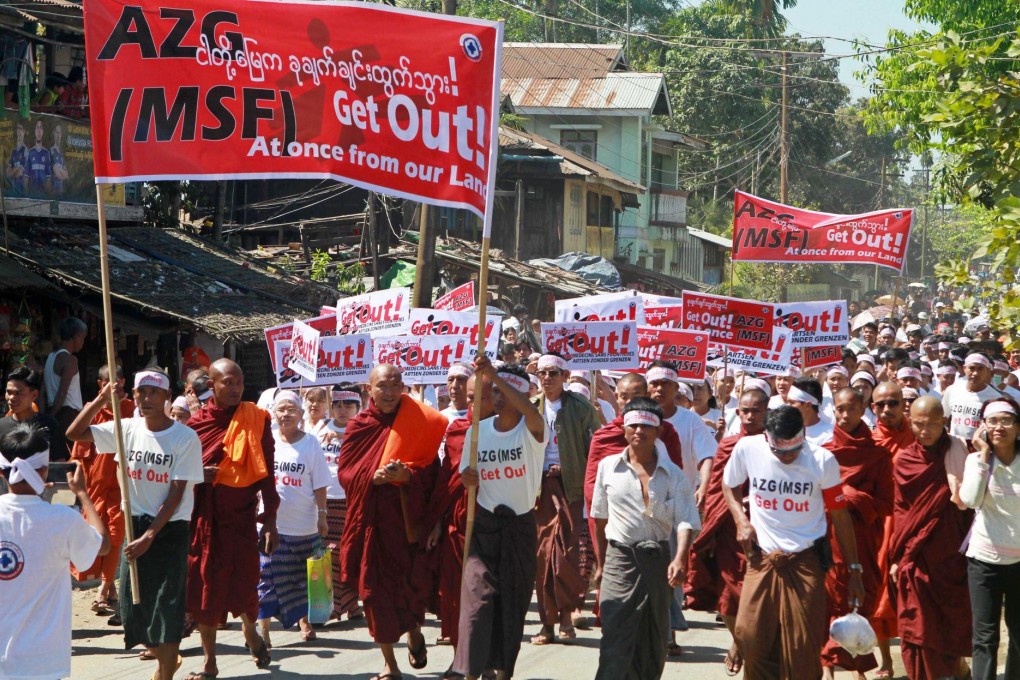 Buddhists protest against MSF in Rakhine state. Photo: EPA