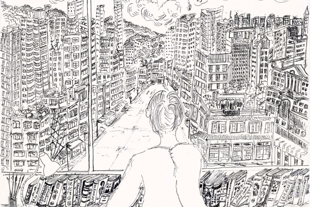 Gérard Henry created Sonia at Her desk, Wun Sha Street in 2008. The busy drawing celebrates the hustle and bustle of Hong Kong.