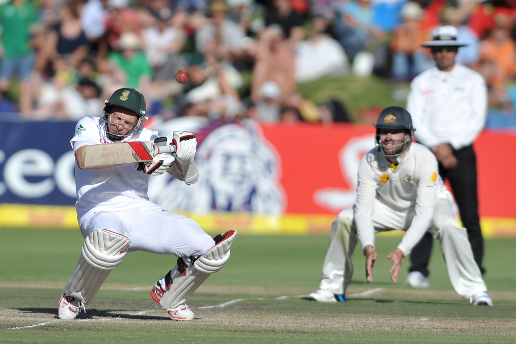 Dale Steyn (left) of South Africa receives a short delivery to the helmet on day three of the third test against Australia at Newlands in Cape Town. Photo: AFP