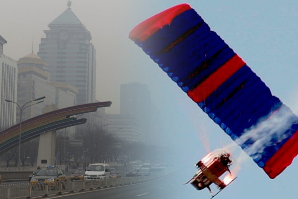 A parafoil drone designed by the state-owned Aviation Industry Corporation of China conducts 'fog-clearing' operations in Ningbo. The firm says testing for a type of smog-fighting drone will begin soon. Photo: Nandu.com