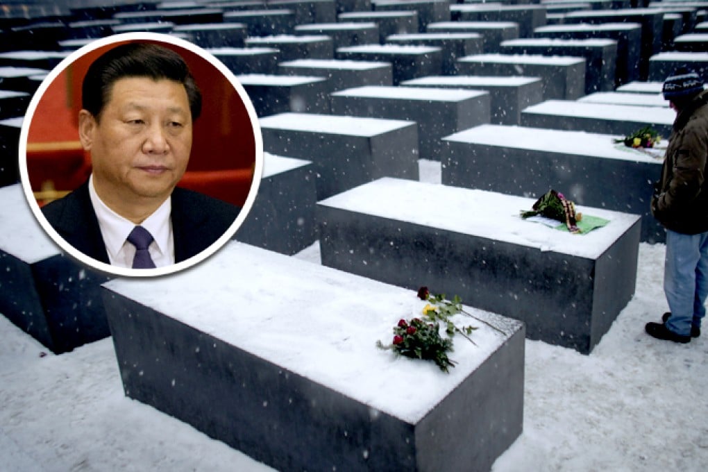 A man walks through the Memorial to the Murdered Jews of Europe, Berlin’s largest Holocaust memorial. China had requested to include a visit to the memorial in President Xi Jinping's (inset) visit to Germany this month. Photo: Reuters