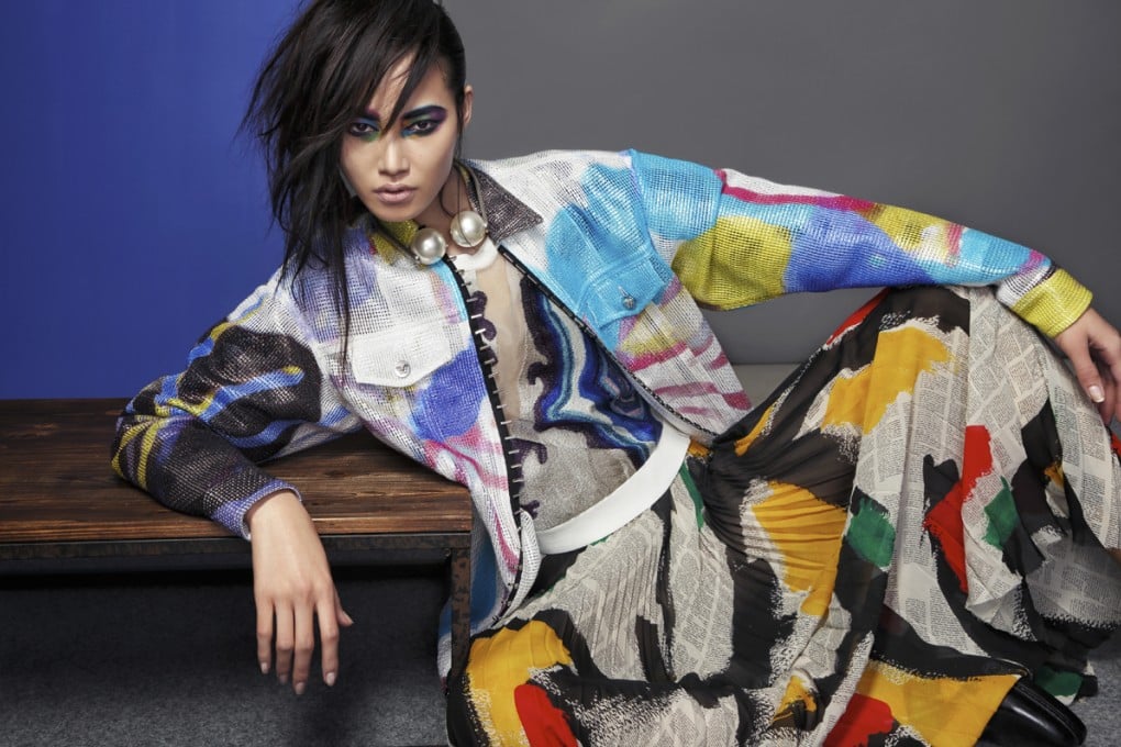 Embroidered silk top (HK$7,690) by 3.1 Phillip Lim. Watercolour-print jacket (HK$31,500) by Versace. Brush-and-text-print, irregular-pleated silk skirt (HK$18,000) by Céline. Giant-pearl choker (HK$15,900) by Chanel.