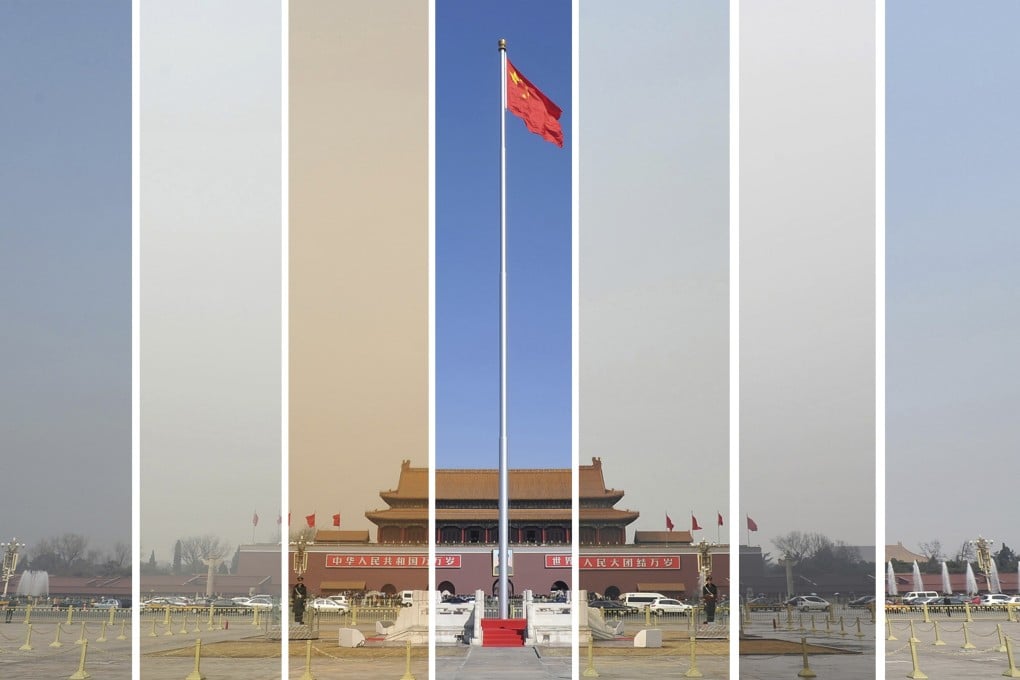 File combination picture shows the air pollution levels of the sky over Tiananmen Square during the National People's Congress in Beijing. Photo: Reuters