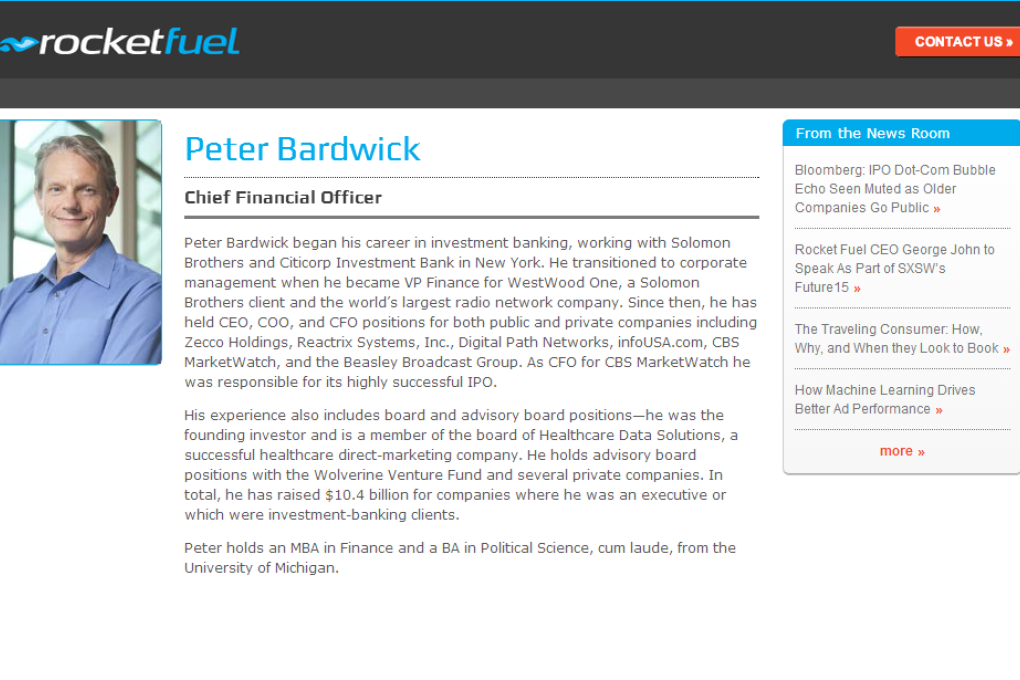 Peter Bardwick was CFO of digital-advertising firm Rocket Fuel when it rose as much as 116 per cent on its first day of trading. Photo: screenshot via Rocket Fuel's webpage.