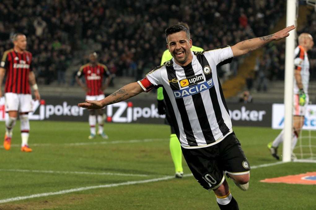 Udinese's Antonio Di Natale celebrates his 185th Serie A goal. Photo: AP
