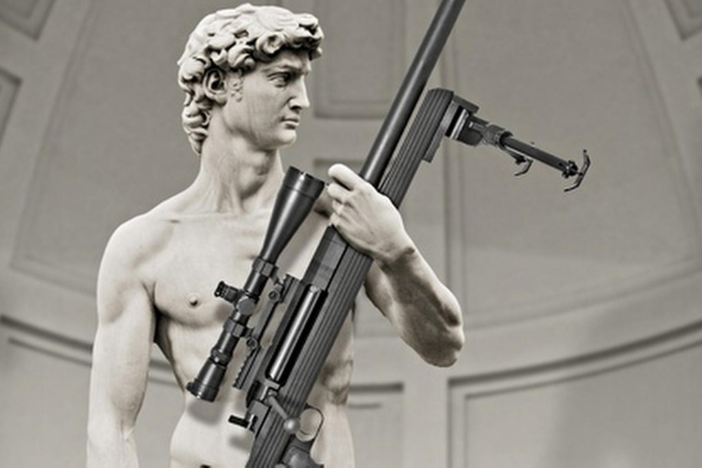 The offending image of Michelangelo's David holding an American rifle.Photo: SCMP Pictures