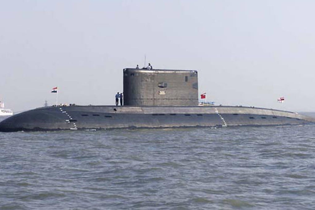 An Indian navy submarine anchored off Mumbai.