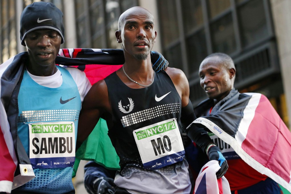 Kenya's Stephen Sambu (left), Mo Farah of Great Britain and Geoffrey Mutai after finishing third, second and first at the New York City Half Marathon. Photo: AFP
