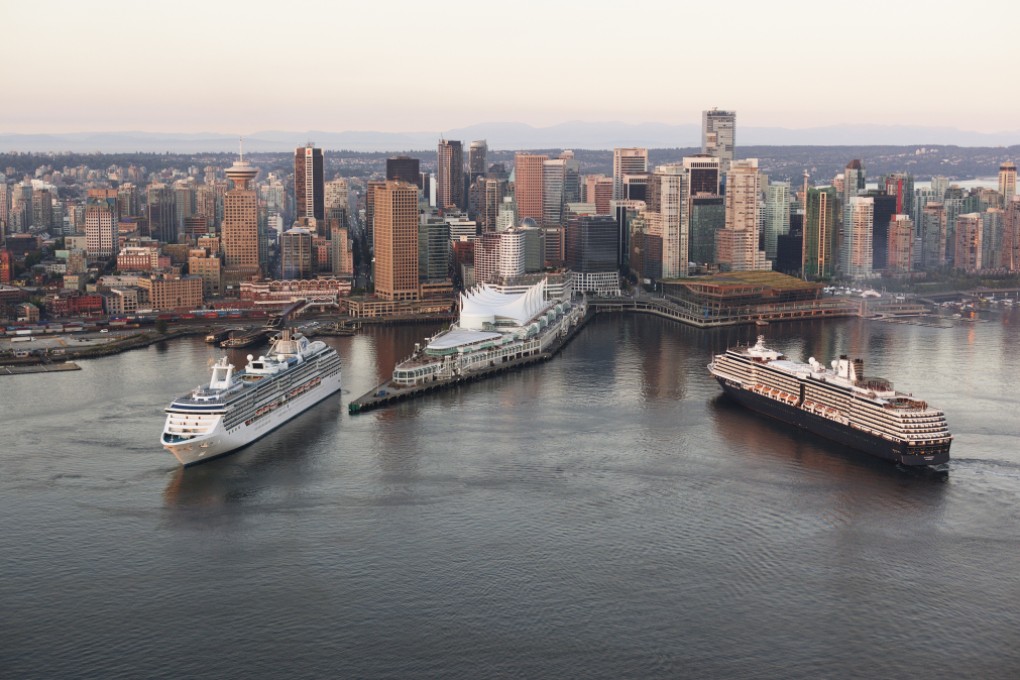 A cruise liner arrives in Vancouver as another departs. From June 30, Canada will collect passport data when travellers exit, as well as when they arrive. Photo: Tourism Vancouver