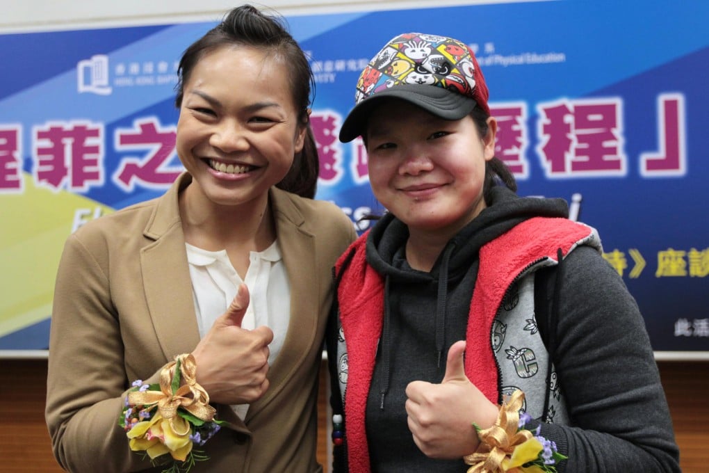 Cyclist Sarah Lee Wai-sze and Cheng Fei at Baptist University last week. Photo: Thomas Yau
