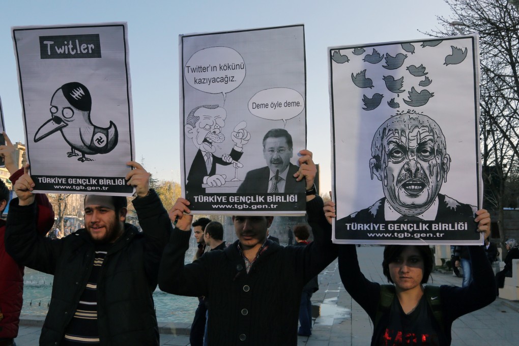 Members of the Turkish Youth Union hold cartoons depicting Turkey's Prime Minister Recep Tayyip Erdogan during a protest against a ban on Twitter in Ankara, Turkey on Friday. Photo: AP