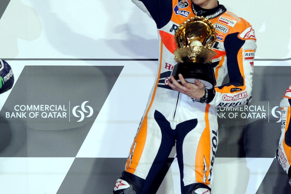 Marc Marquez celebrates his Qatar MotoGP victory in Doha. Photo: Xinhua