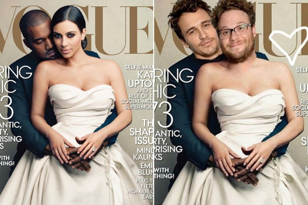 The controversialVoguecover by Annie Leibovitz and the spoof version produced by James Franco and Seth Rogen. Photos: AP