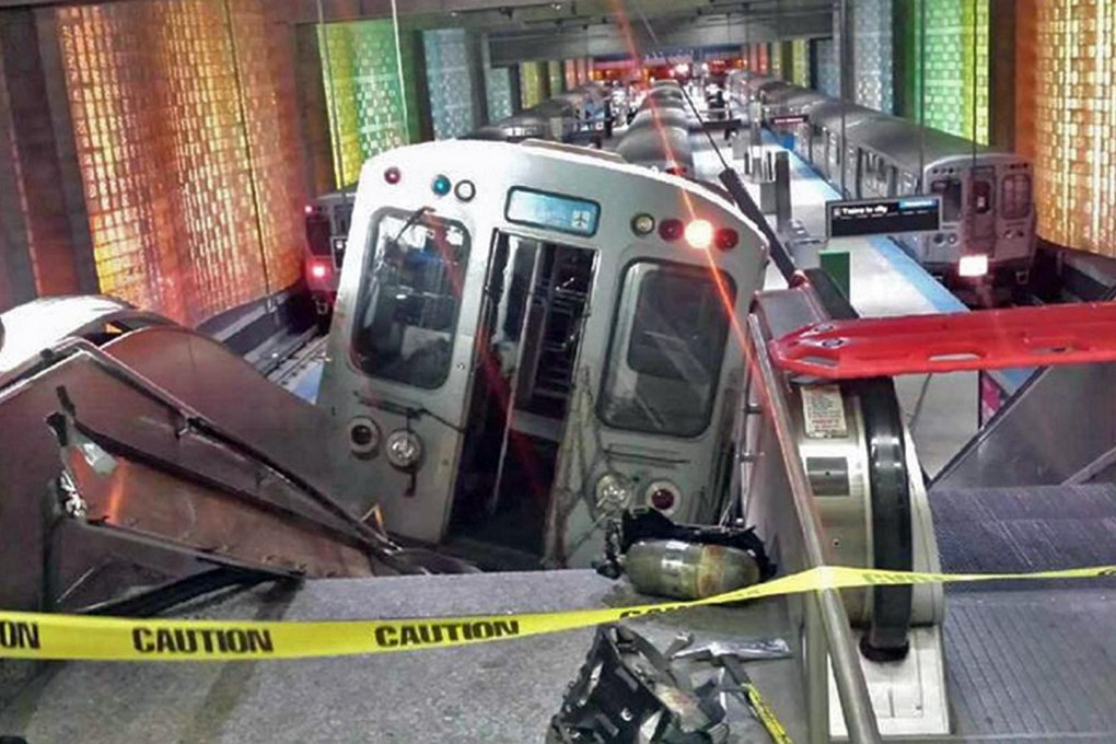 The train came to rest halfway up an escalator. Photo: AP