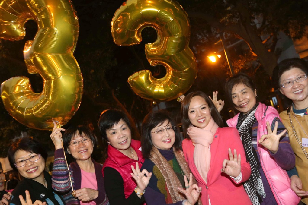 Judy Chan (third from right) of the New People's Party celebrates her victory in the Southern District by-election with supporters. Photo: David Wong