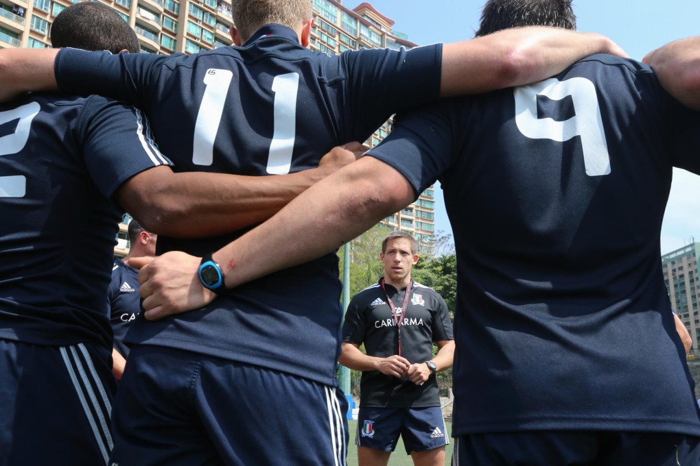 Italy's sevens coach Andy Vilk leads a training session at King's Park, Kowloon, ahead of this weekend's Hong Kong Sevens. Photo: David Wong