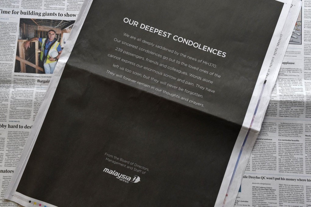 A full-page advertisement placed by Malaysia Airlines in The Australian newspaper expresses its deepest condolences for the loss of life. Photo: AFP