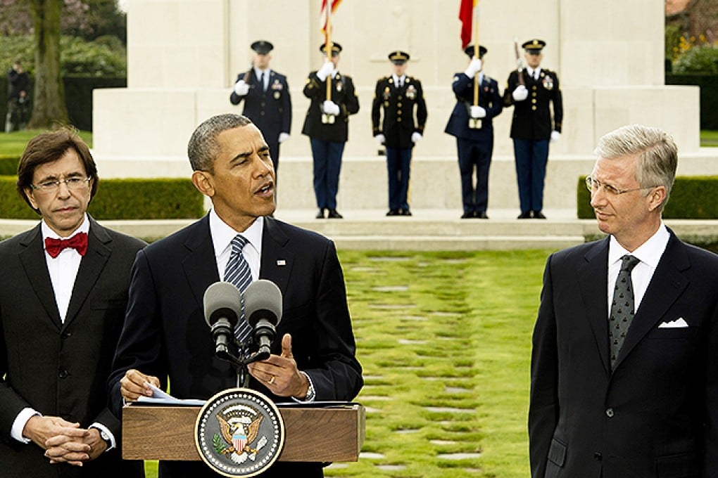 President Obama makes a speech at the US military cemetery Flanders Field in Waregem, Belgium. Photo: EPA
