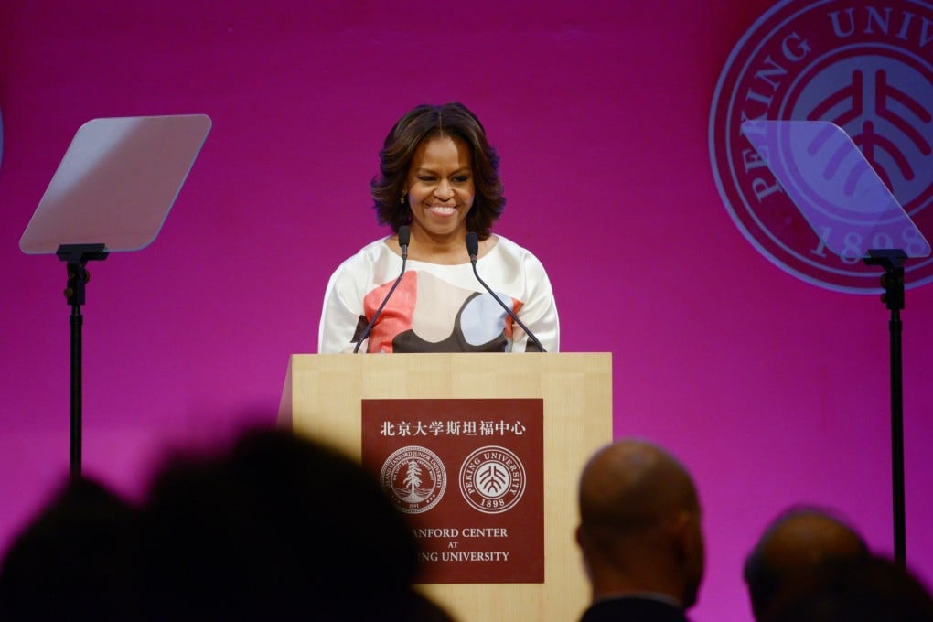 US first lady Michelle Obama delivers a speech at the Stanford Center at Peking University in Beijing. Photo: AFP