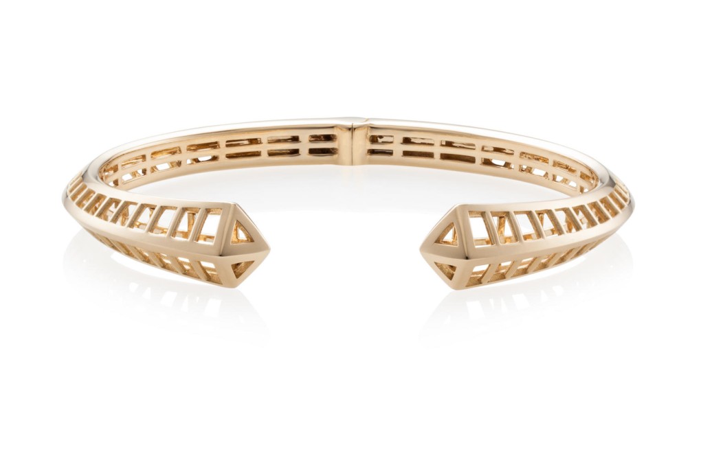 Yellow Gold "Flaring Grid" Hinged Bangle by Nicholas Liu.