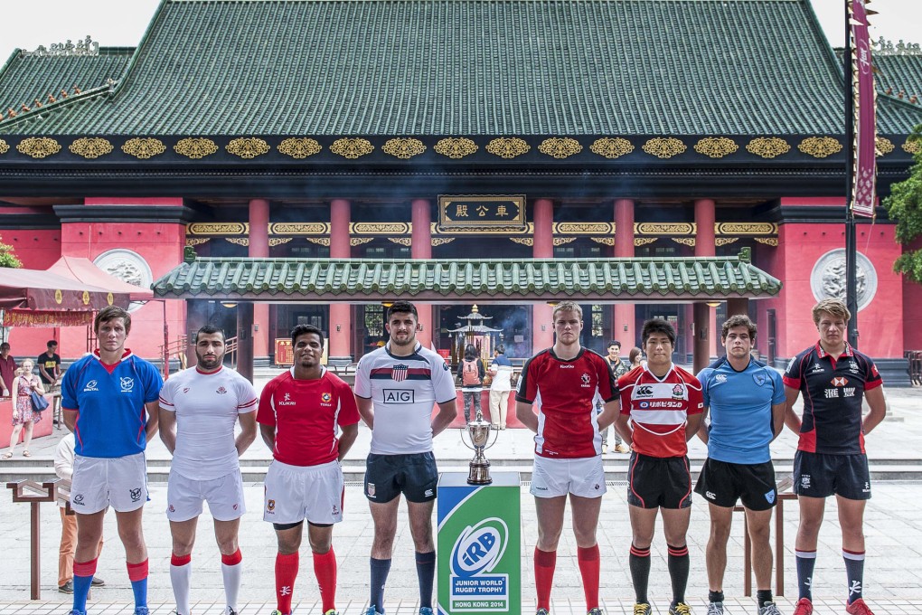 The IRB Junior World Rugby Trophy captains at Che Kung Temple: Awie Thompson (Namibia), Saba Shubitidze (Georgia), Moses Latu (Tonga), Ollie Drew (US), Connor Hamilton (Canada), Rikiya Matsuda (Japan), Manuel Castro (Uruguay), Mike Parfitt (Hong Kong). Photo: SCMP Pictures