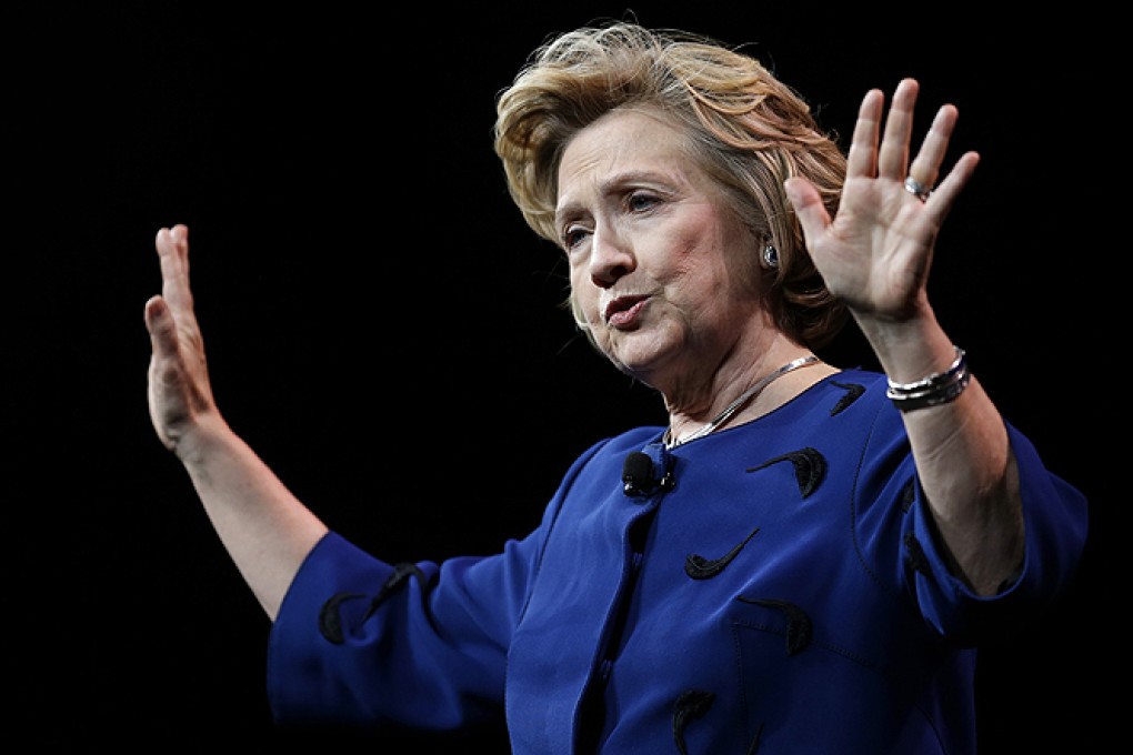 Hillary Clinton gestures while delivering the keynote address at Marketo’s 2014 Marketing Nation Summit in San Francisco on Tuesday. Photo: AP