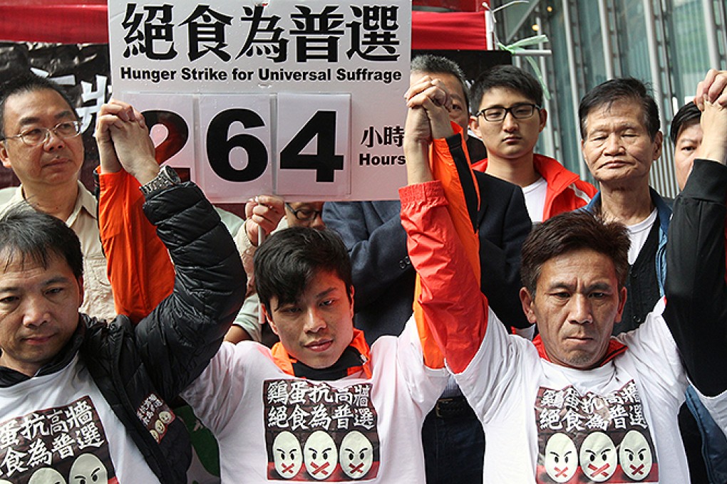 Protestors hold a hunger strike demanding universal suffrage outside the HSBC headquarters in Central. Photo: May Tse