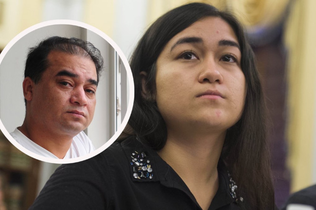 Jewher Ilham criticised the detention of her father (inset) before a US Congress panel looking into human rights in China. Photo: AFP