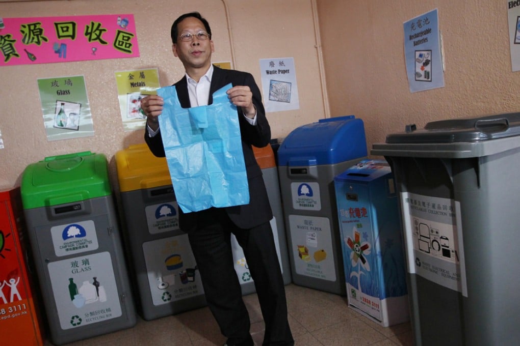 A designated garbage bag is used in the municipal solid waste charging pilot scheme trialed at Amoy Gardens in Kowloon Bay. Photo: Nora Tam