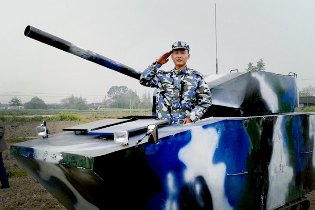 Jian Lin takes the tank for a spin at his village in Sichuan province, in a photo shared on Weibo. Photo: SCMP Pictures