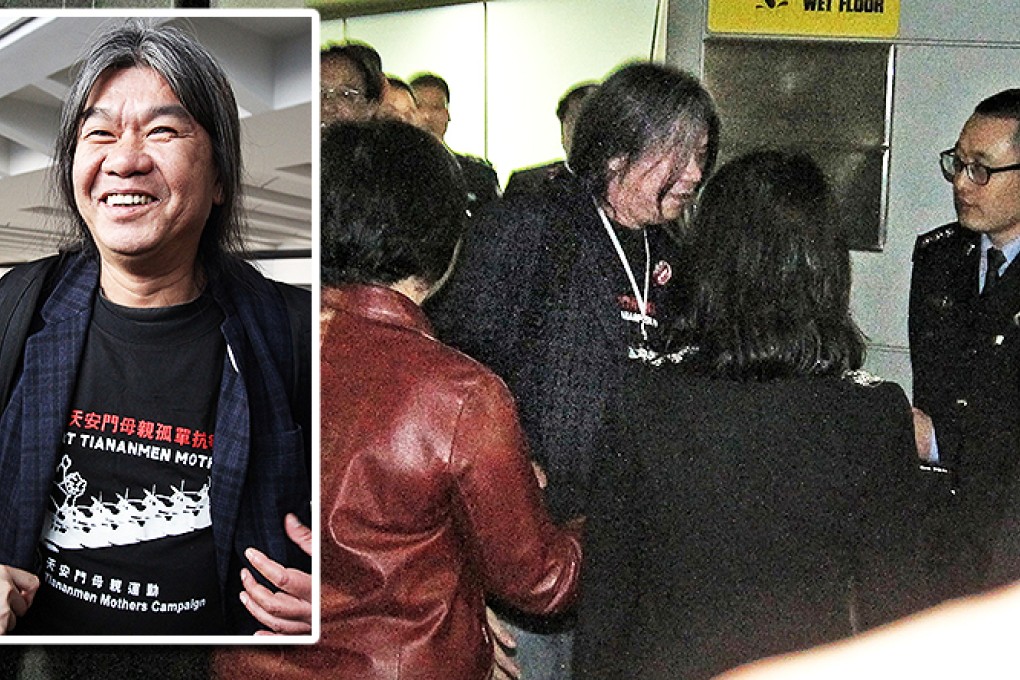 Lawmaker Leung Kwok-hung is surrounded by custom officers at Shanghai airport as he wears a Tiananmen mothers campaign T-shirt. Photo: SCMP Pictures