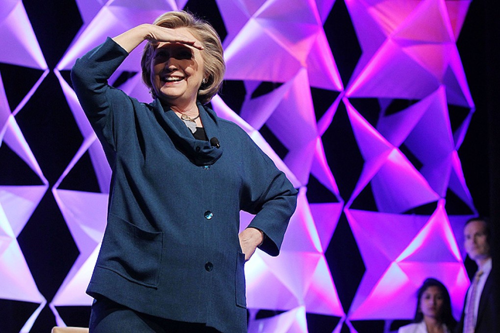 Former US secretary of state Hillary Clinton looks to the crowd after a woman threw a shoe toward her during a speech to the Institute of Scrap Recycling Industries in Las Vegas, Nevada on Thursday. Photo: AFP