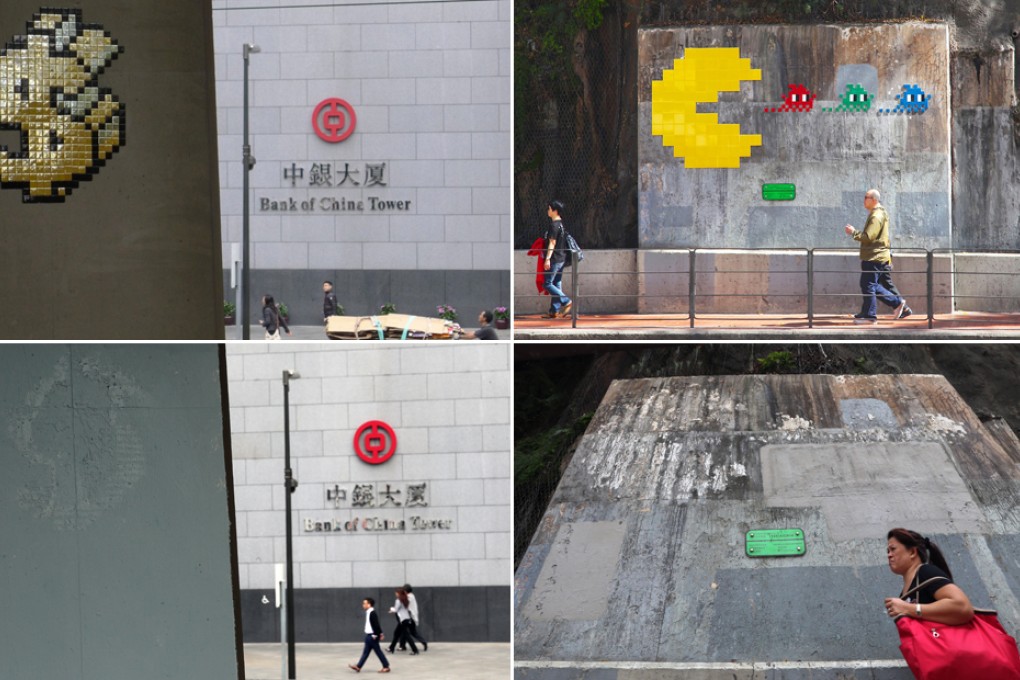 The French artist who is a regular at galleries around the world was prolific in his street art in Hong Kong, as seen in Central (top left) and Tin Hau (top right). But Invader has failed to win over the government, which has done its best to wipe it all out (bottom). Photos: Erin Wooters Yip, 2014