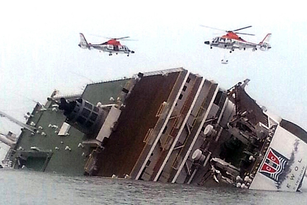 Rescue helicopters fly over a sinking South Korean passenger ferry. Photo: AP