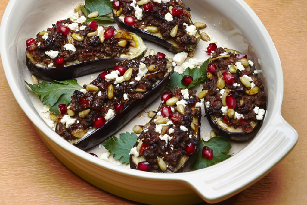 Eggplant stuffed with lamb, feta and pomegranate seeds