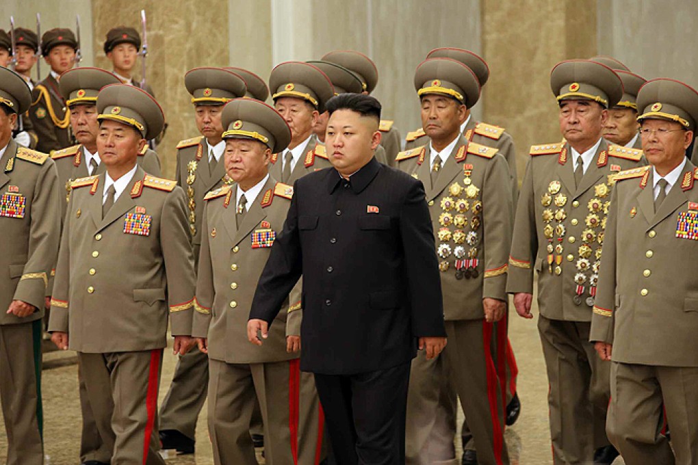 North Korean leader Kim Jong-un (centre) with military leaders in Pyongyang. Photo: EPA