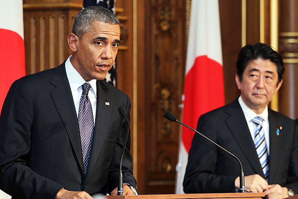 US President Barack Obama attends a press conference with Japanese Prime Minister Shinzo Abe at the Akasaka state guesthouse in Tokyo. Photo: AFP