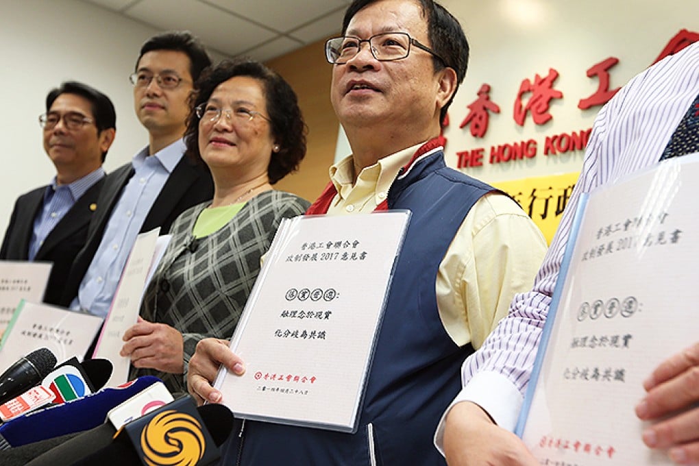 Wong Kwok-kin, Stanley Ng Chau-pei, Lam Shuk-yee and Cheng Yiu-tong of the Federation of Trade Unions, attend the party's press conference on its constitutional reform proposal. Photo: Nora Tam