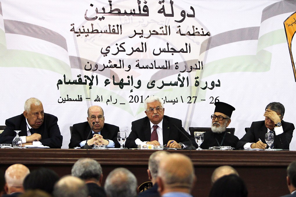 Palestinian Authority President Mahmud Abbas (centre) gives a speech to members of the Palestine Liberation Organisation's Central Council during a meeting in the West Bank city of Ramallah. Photo: AFP