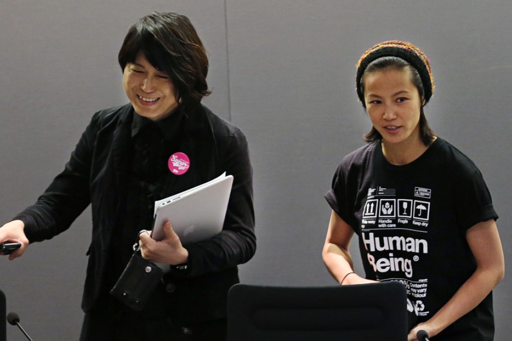 Joanne Leung Wing-yan, chairperson of the Transgender Resource Centre, and singer Denise Ho attend the meeting on Marriage (Amendment) Bill on April 23, 2014.