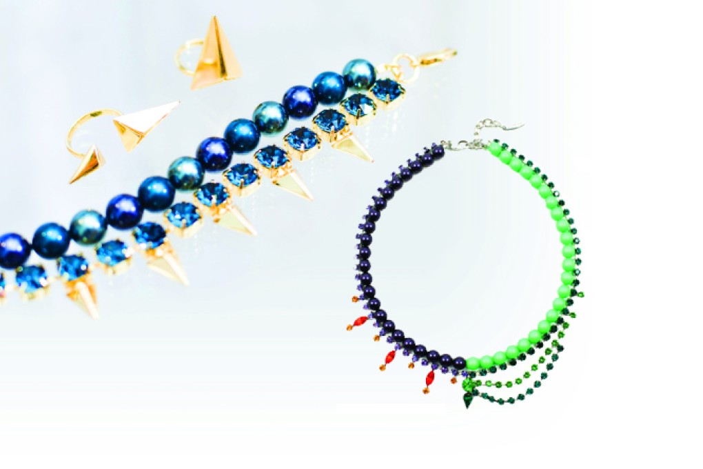 Pairing angular metal shapes and familiar materials, such as pearls, has become a design signature.