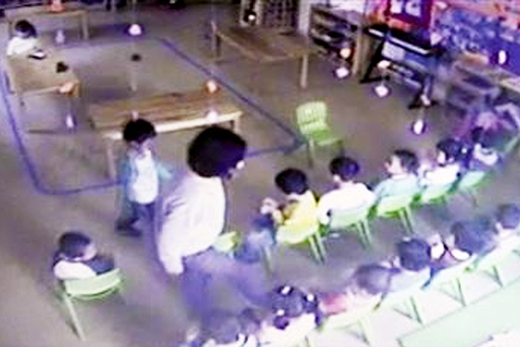 A video still from Weibo shows the 27-year-old Liu allegedly kicking one of her students. Photo: Weibo