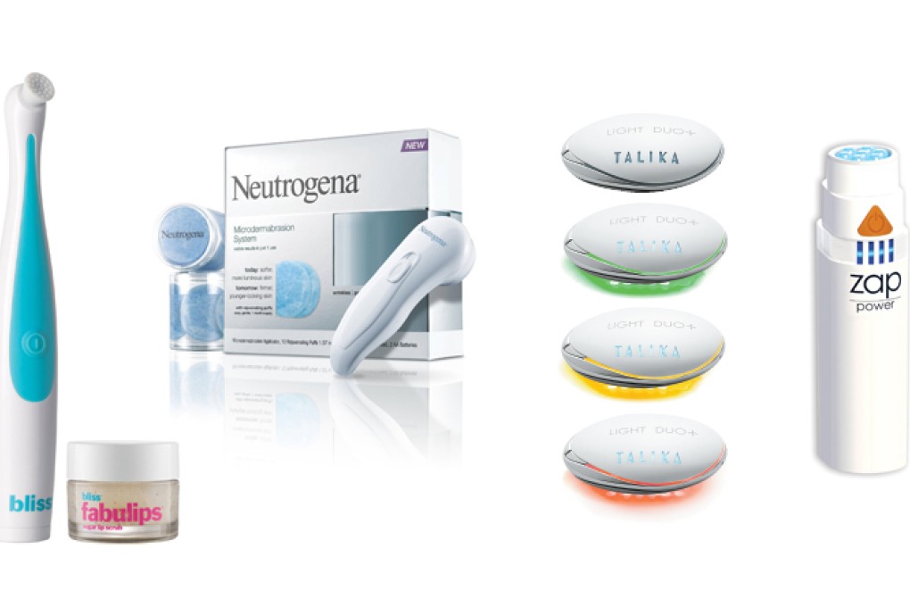 From left: Bliss’ Fabulips “pout”-o-matic lip-perfecting system, Neutrogena’s Microdermabrasion System, Talika’s Light Duo+ and Tanda’s Zap Power