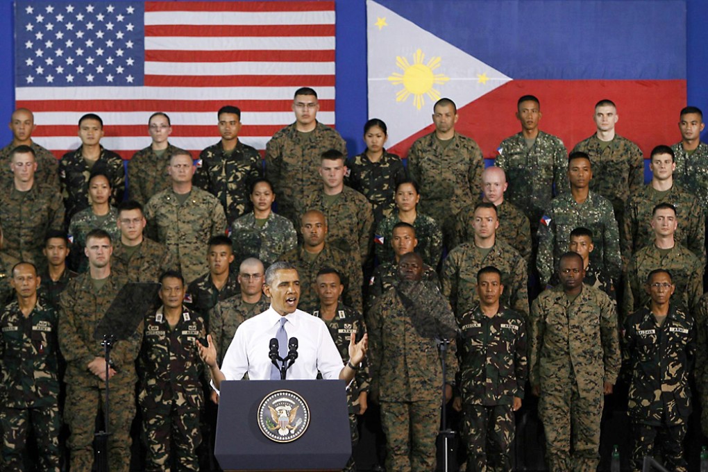 US President Barack Obama speaks to American and Filipino troops in Manila as part of his four-nation trip to bolster ties. Photo: Reuters