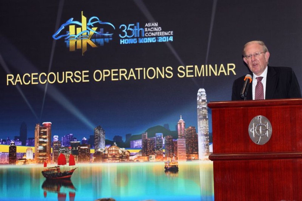 John Ridley, Director of Racing Operations of the Hong Kong Jockey Club, delivers his keynote address in the Racecourse Operations Seminar at Sha Tin racecourse today.