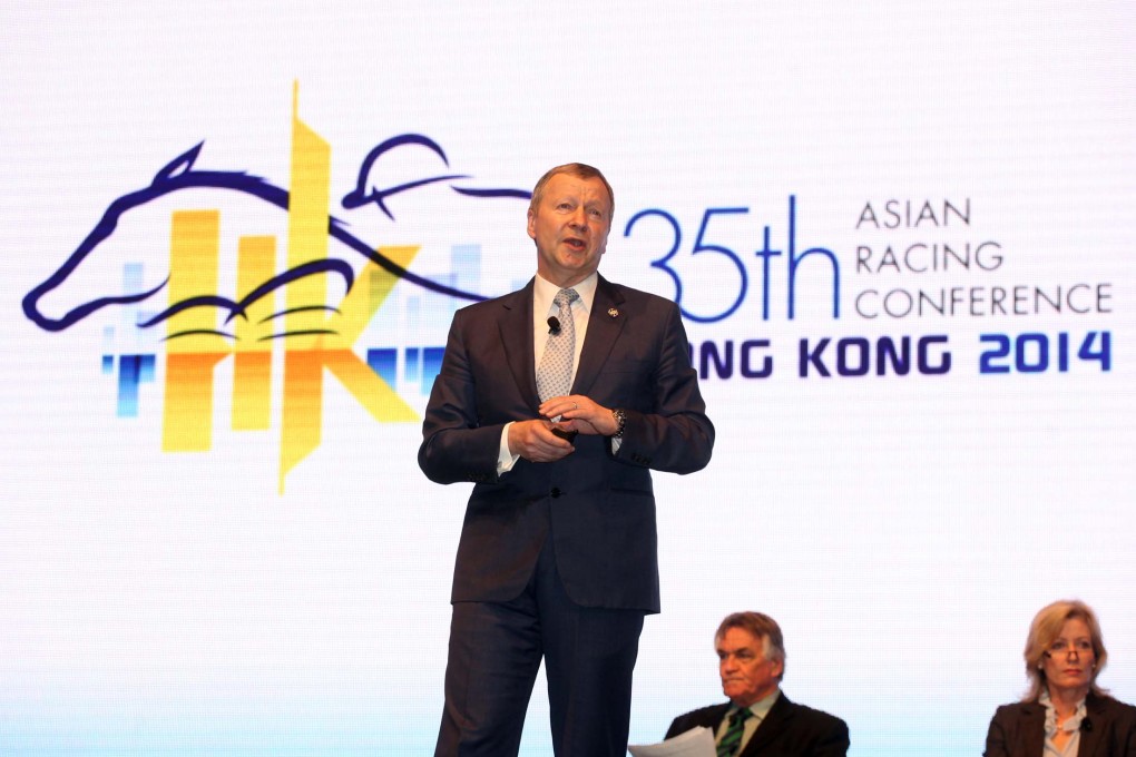 Winfried Engelbrecht-Bresges, Vice Chairman of the Asian Racing Federation and Chief Executive Officer of the Hong Kong Jockey Club, speaks at the conference’s first plenary session, “Racing’s lifeblood – the future landscape for wagering” today.