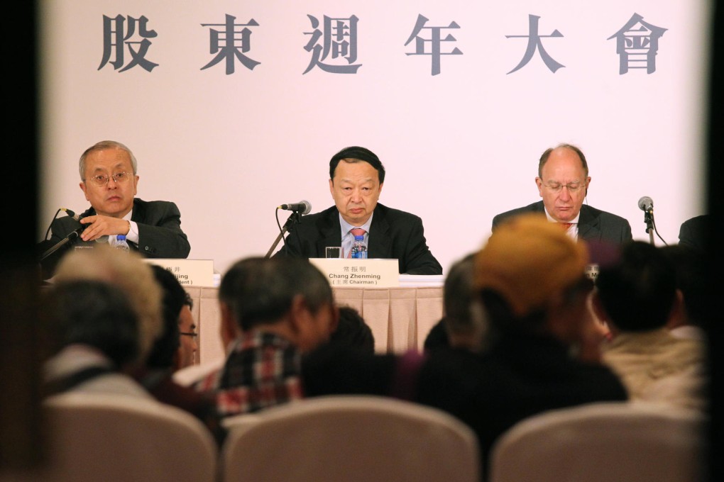 Citic Pacific chairman Chang Zhenming (centre), with president Zhang Jijing and finance chief Vernon Moore at the briefing. Photo: May Tse