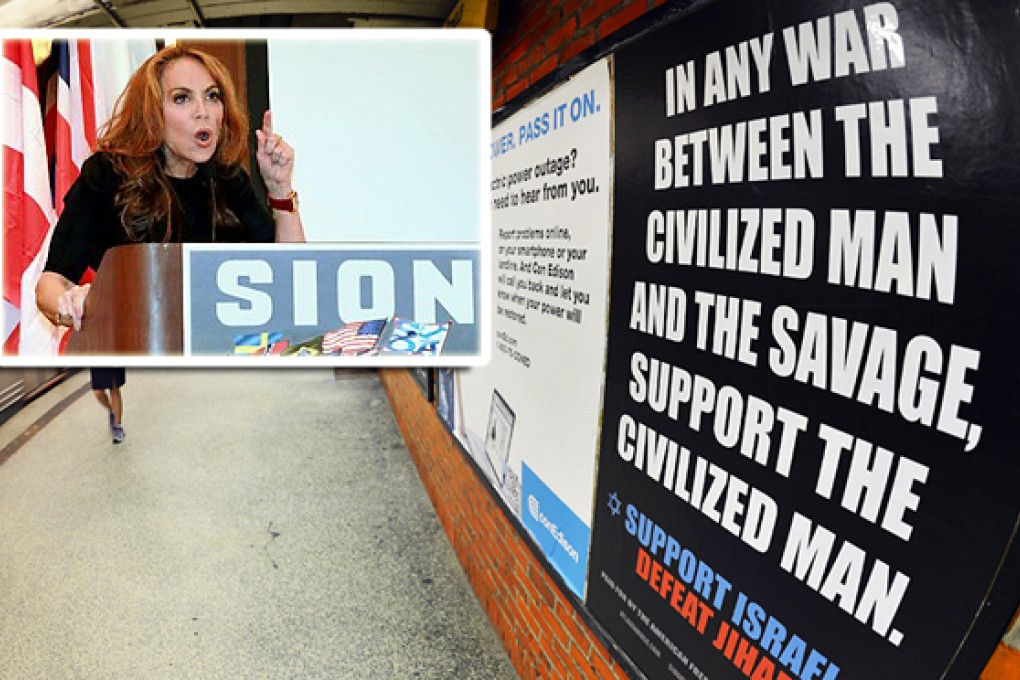 An ad in New York Subway saying "In any war between the civilized man and the savage, support the civilized man". The ad is the work of the Pamela Geller's group American Freedom Defense Initiative. Photos: AFP, AP